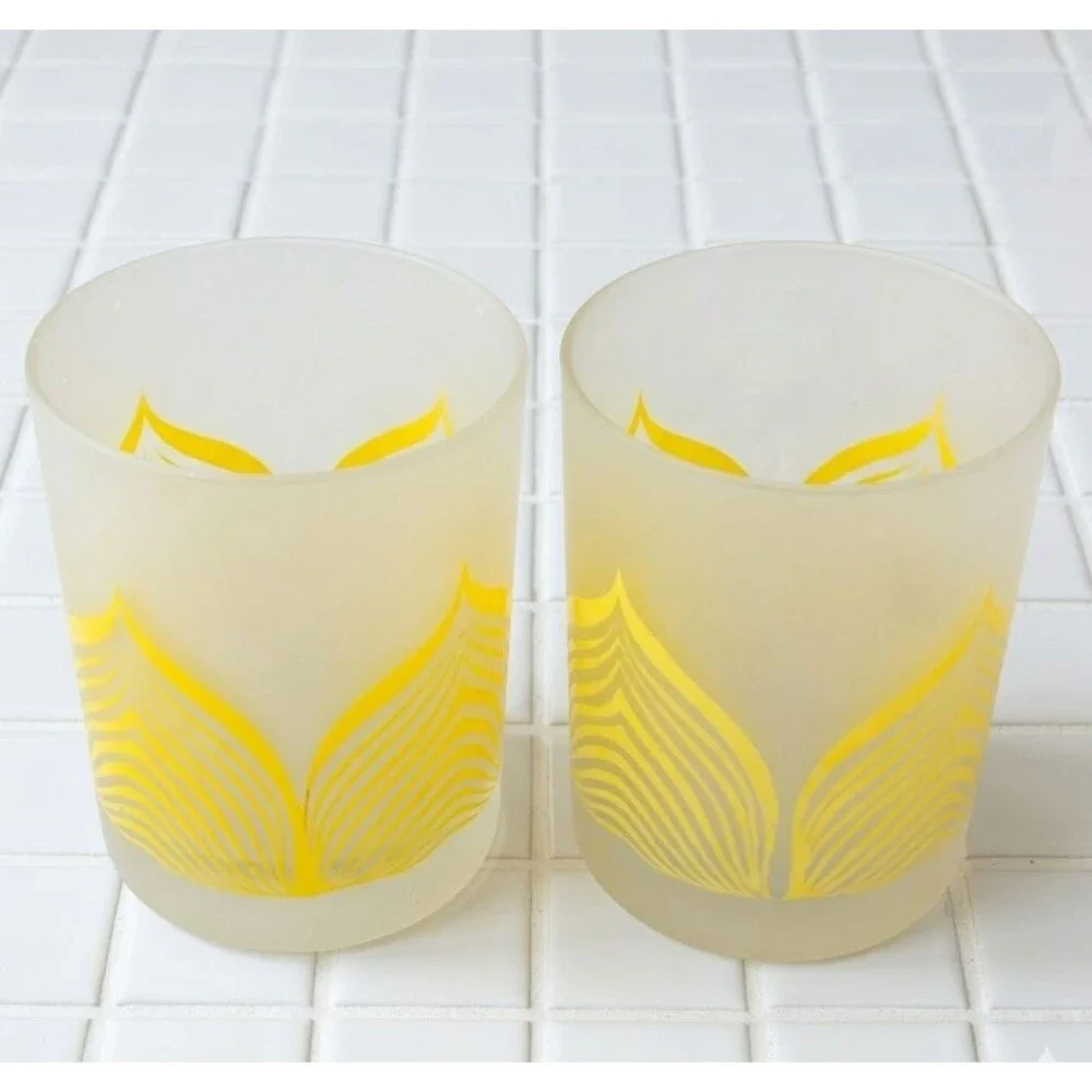 Vintage Georges Briard Low Ball Old Fashion Glasses MCM Pair Frost Clear Yellow